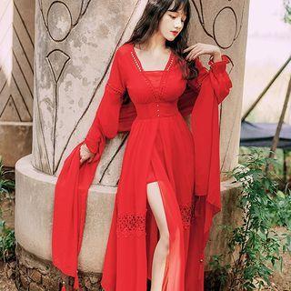 Long-sleeve Lace Trim Maxi A-line Dress / Shawl / Set