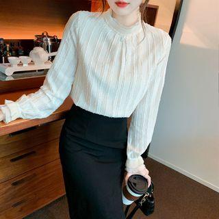Stand Collar Frill Trim Chiffon Blouse