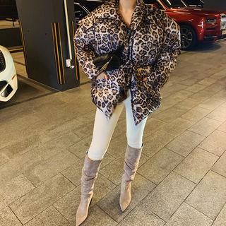 Slit-side Patterned Oversized Puffer Jacket With Sash