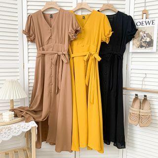 Slited V-neck Midi Dress With Sash In 9 Colors