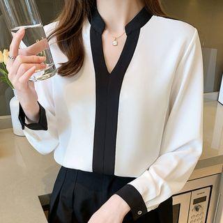 Long-sleeve Contrast Trim V-neck Chiffon Shirt