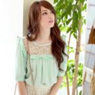 Elbow-sleeve Lace-panel Frilled Top