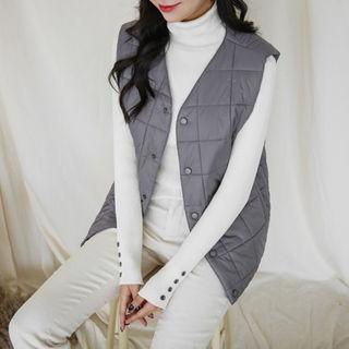 V-neck Snap-button Quilted Vest