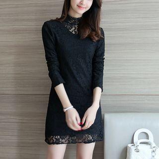Long Sleeve High Neck Frilled Trim Lace Shift Dress