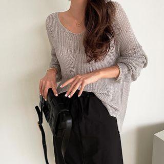 V-neck Drop-shoulder Knit Top Light Gray - One Size