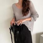 V-neck Drop-shoulder Knit Top Light Gray - One Size
