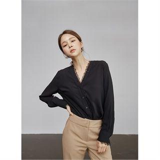 V-neck Lace-trim Blouse Black - 55