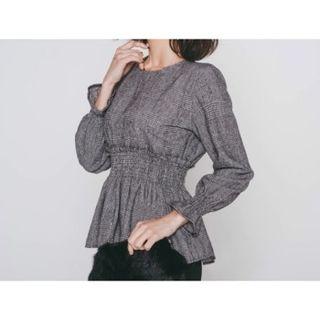 Smocked-waist Glen-plaid Blouse