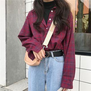 Set: Turtleneck Long-sleeve Top + Plaid Long-sleeve Blouse