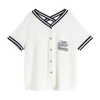 Contrast Trim Short-sleeve V-neck Lettering Blouse