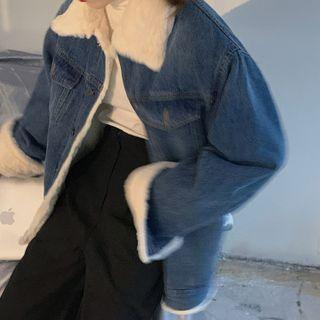 Fleece Lined Button Denim Jacket Blue - One Size