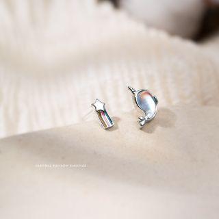 Non-matching Star Stud Earring 1 Pair - Stud Earrings - Multicolor Narwhal & Rainbow - Silver - One Size