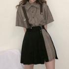 Set: Short-sleeve Plaid Mini Shirtdress + Side-slit Mini Overall Dress