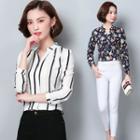 Long-sleeve Stand Collar Printed Blouse