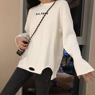 Long-sleeve Distressed Letter Printed T-shirt White - One Size