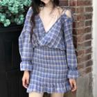 Plaid Long-sleeve Mock Two Piece Dress Plaid - Blue - One Size