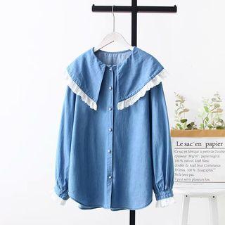Eyelet Lace Trim Denim Blouse Blue - One Size