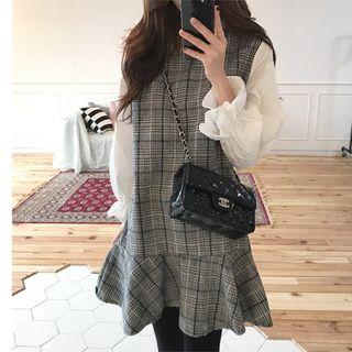 Long-sleeve Mock Two-piece Plaid A-line Dress