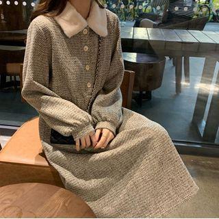 Puff-sleeve Collared Plaid Midi A-line Dress Gray - One Size