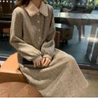 Puff-sleeve Collared Plaid Midi A-line Dress Gray - One Size