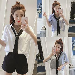 V-neck Short-sleeve Mock Two-piece Blouse