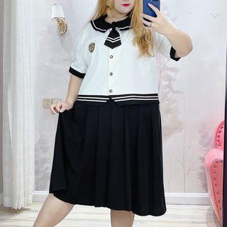 Set: Short-sleeve Sailor Collar Blouse + A-line Skirt (various Designs)