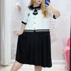 Set: Short-sleeve Sailor Collar Blouse + A-line Skirt (various Designs)