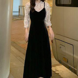 Set: Long-sleeve Lace Top + Spaghetti Strap A-line Midi Dress