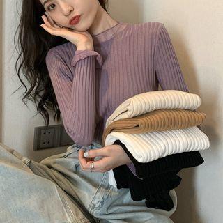 Long-sleeve Mesh Trim Ribbed Knit Top