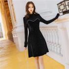 Long-sleeve Knit Panel Mini A-line Velvet Dress