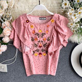 Short-sleeve Embroidered Dotted Blouse
