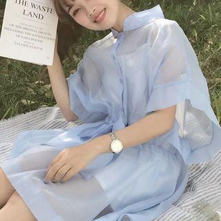 Set: Mesh Elbow-sleeve A-line Dress + Strappy Dress