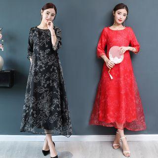 Elbow-sleeve Organza A-line Midi Dress