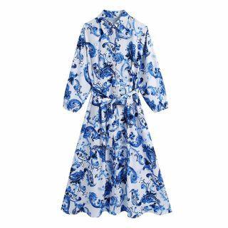 Puff-sleeve Paisley Print Midi Shirtdress