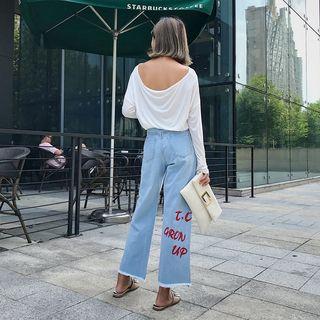 Lettering Washed Wide Leg Jeans