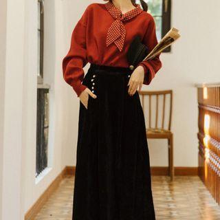 Set: Tie-neck Blouse + Midi A-line Skirt