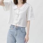 Faux Pearl Button Short-sleeve Cropped Blouse White - One Size