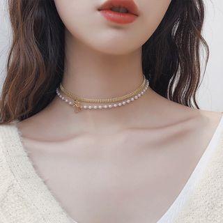 Layered Faux Pearl Choker Gold - One Size