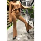 Set: Round-neck Cropped Knit Top + Band-waist Boot-cut Pants