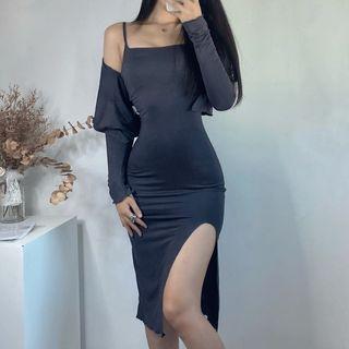 Set: Spaghetti Strap Midi Bodycon Dress + Cardigan