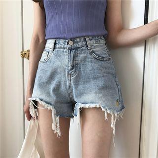 Pineapple Embroidered Frayed Denim Shorts