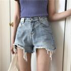 Pineapple Embroidered Frayed Denim Shorts