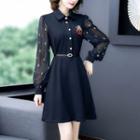 Patterned Mesh Sleeve Collared A-line Dress