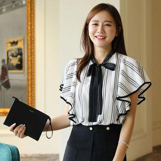 Tie-front Frilled-detail Striped Blouse