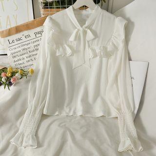 Patchwork Ribbon-neckline Ruffled Plain Blouse