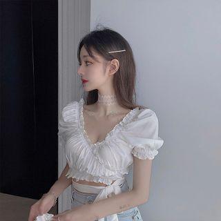 Puff-sleeve Ruffled Tie-waist Crop Top White - One Size