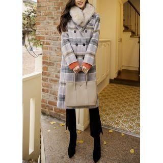 Peaked-lapel Long Plaid Coat