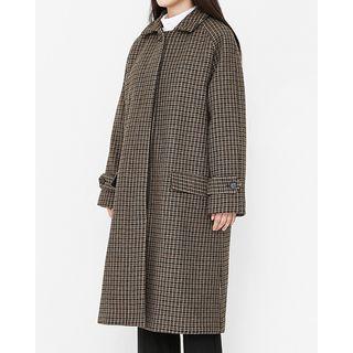 Hidden-button Checked Wool Blend Coat