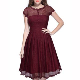 Short-sleeve Lace Paenl Pleated Dress