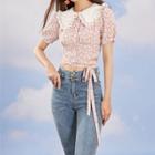 Lapel Floral Lace-up Puff Short-sleeve Top